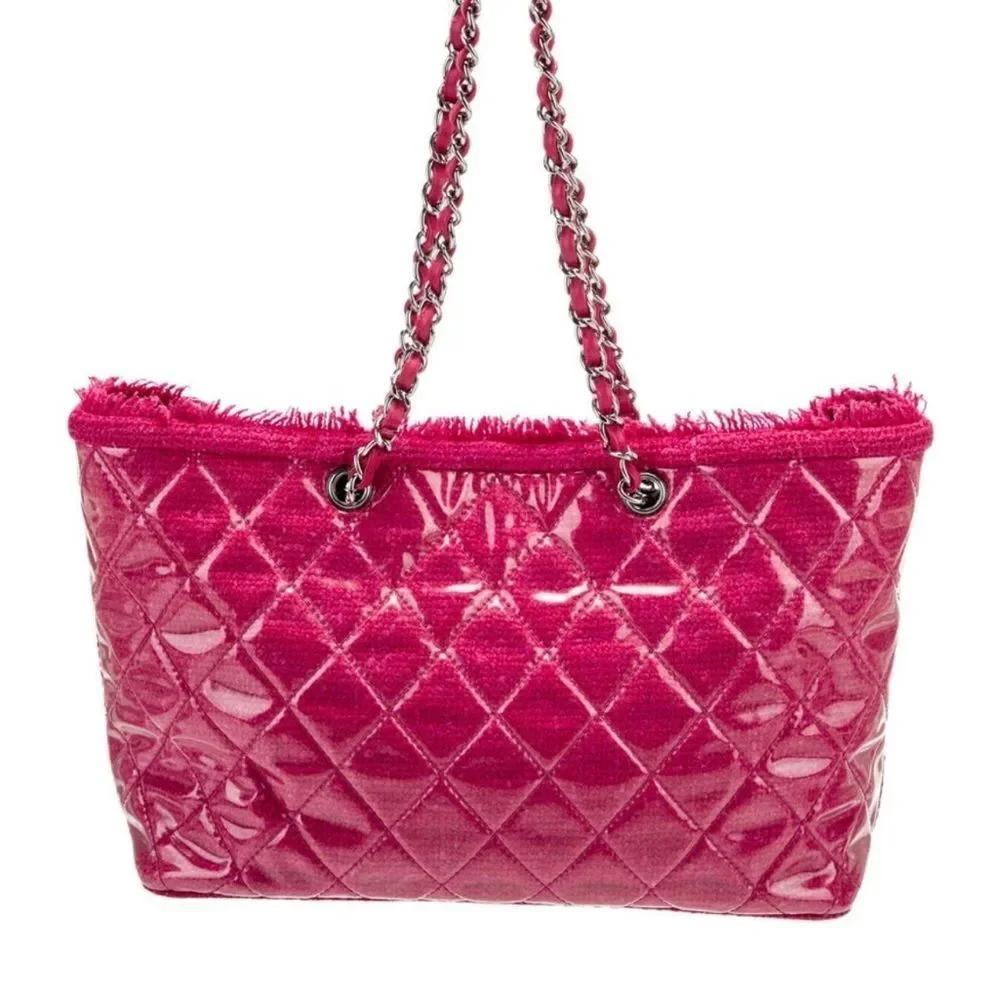 Chanel Pink Tweed Quilted Vinyl Medium Shoulder Tote Bag